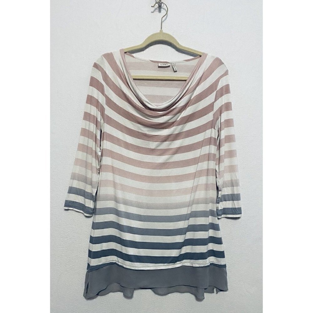 LOGO Lori Goldstein Womens Ombre Striped Tunic Top Cowl Neck Chiffon Hem Small S